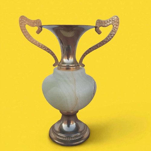 Vintage Amphora Vase made of Natural White Onyx and Brass, like new