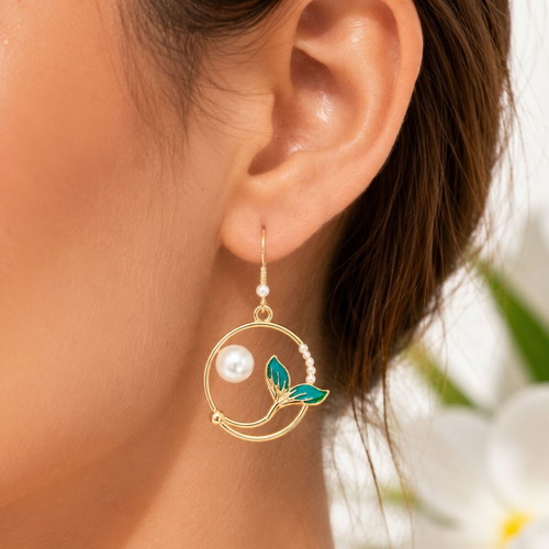 Handmade Mermaid's Pearl Earrings gold hoops with pearls and mermaid tail