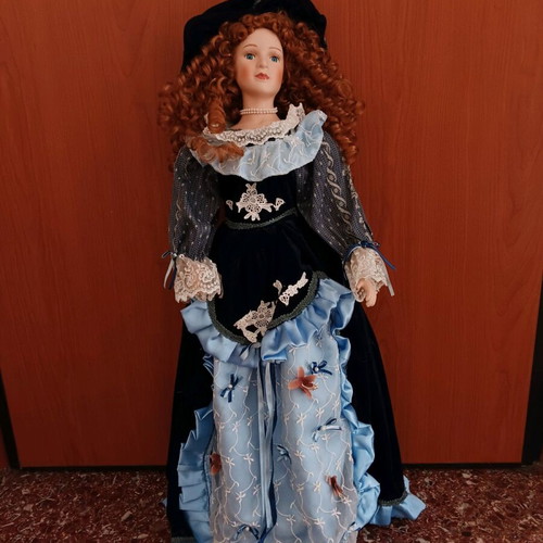 Vintage porcelain doll with velvet dress, large 80 cm