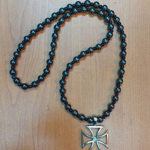 Necklace Iron Cross with 8mm Hematite Beads, new, 60 cm
