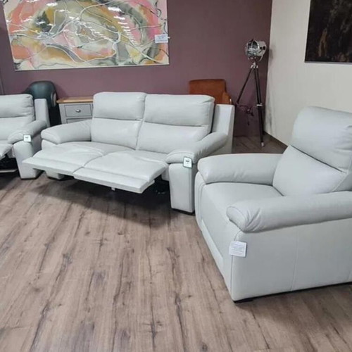 Italian gray leather sofa set Moreno three-seater and two armchairs new