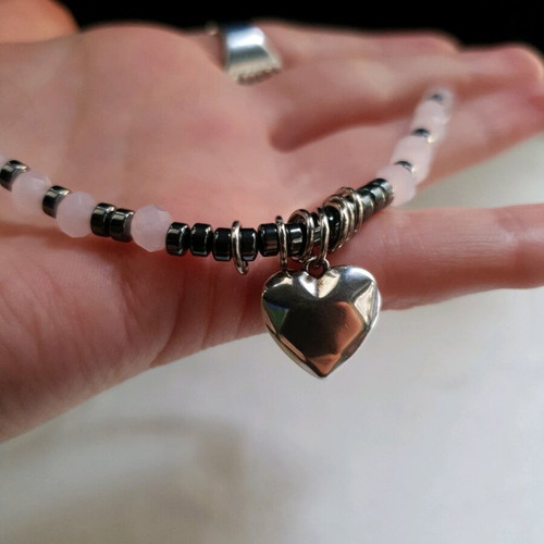 Pink Crystal and Hematite Heart Necklace like new, handmade