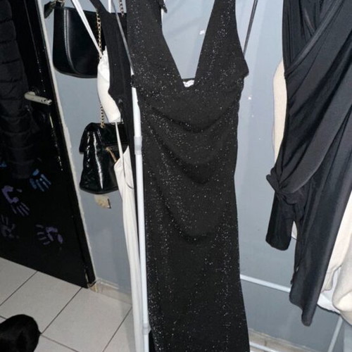 Bershka black shiny long dress new with V neckline