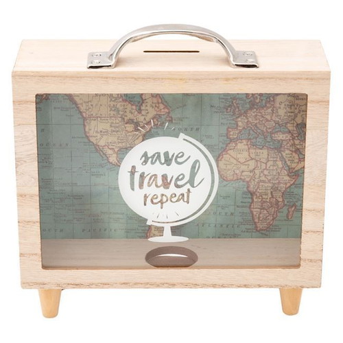 Travel Map Piggy Bank Suitcase new, glass and wood
