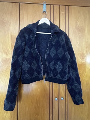 Zara women's cardigan with blue and grey rhombus pattern, size M
