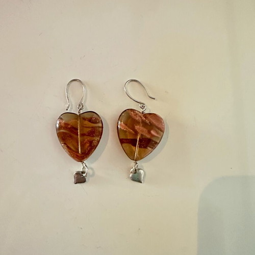 Handmade Murano glass heart earrings in brown topaz shade with silver hooks like new