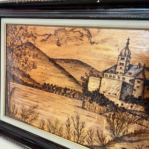 Vintage pyrography wall art with landscape and artist signature, 54x82