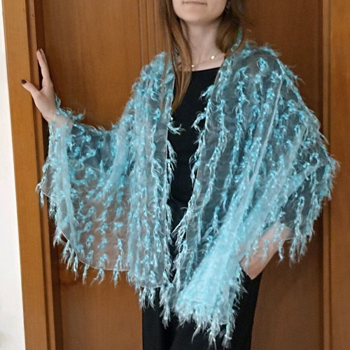 Blue scarf with fringes like new, lightweight and semi-transparent
