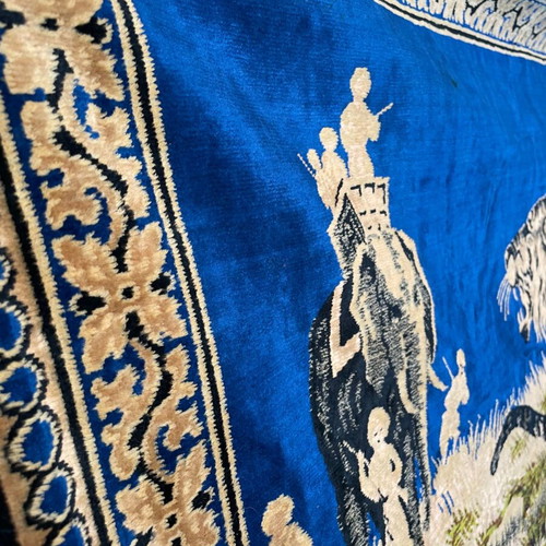 Large vintage tapestry with tigers and elephants on blue background like new