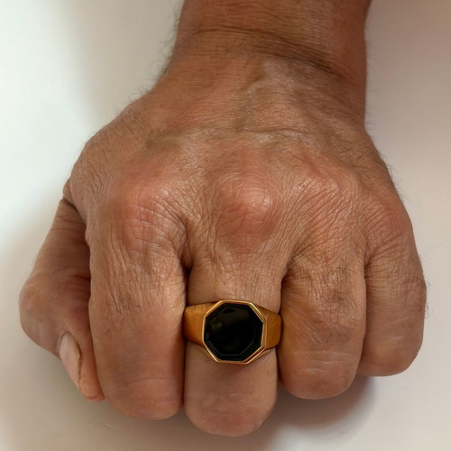 Black Enamel Octagon Signet Ring New, 316L Stainless Steel, US Size 12