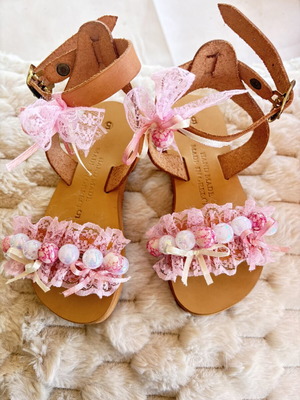 Leather handmade sandals size 25 new, beige and pink