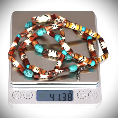 Rosary necklace new with carved bones, semi-precious stones and 925 silver cross