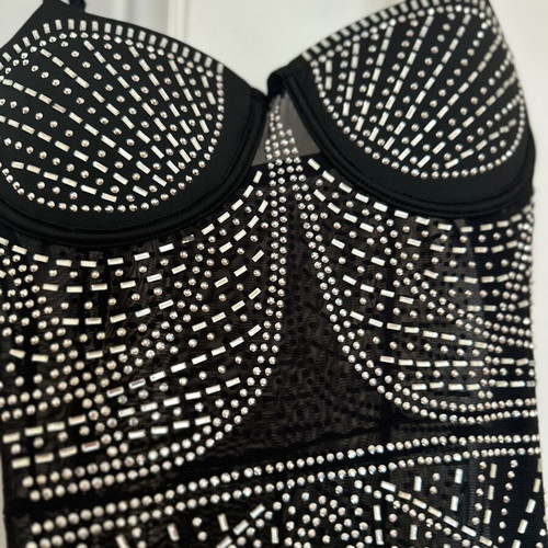 Maxi bodycon dress with straps and geometric strass designs, like new, black