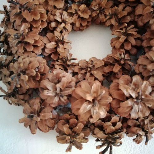 Wreath made of Greek opened pine cones used