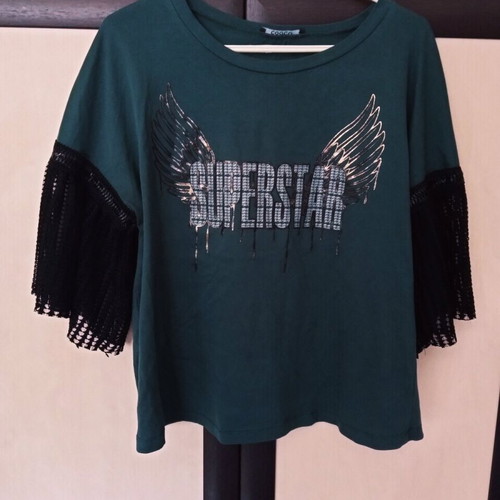 Cotton blouse khaki with lace sleeves size M like new