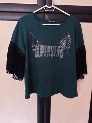 Cotton blouse khaki with lace sleeves size M like new