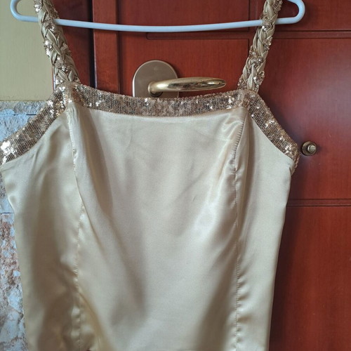 Women's satin evening top like new, champagne gold with sequins