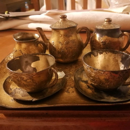 Miniature Egyptian antique lead tea set from 19th century