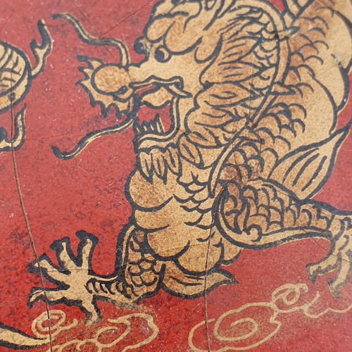 Vintage Chinese Red Lacquered Leather Box with Gilded Dragon and Phoenix