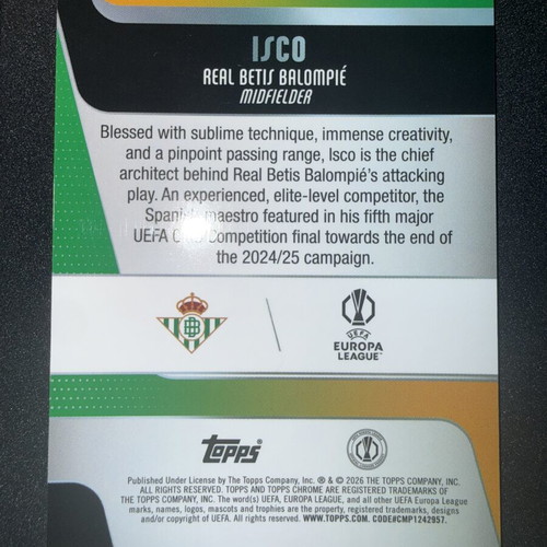 2025-26 Topps Chrome UEFA Europa League Isco Gold Checkered Refractor Card #09/50 like new