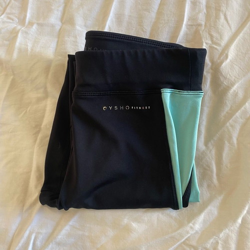 Oysho sports leggings used, black with turquoise details, XS