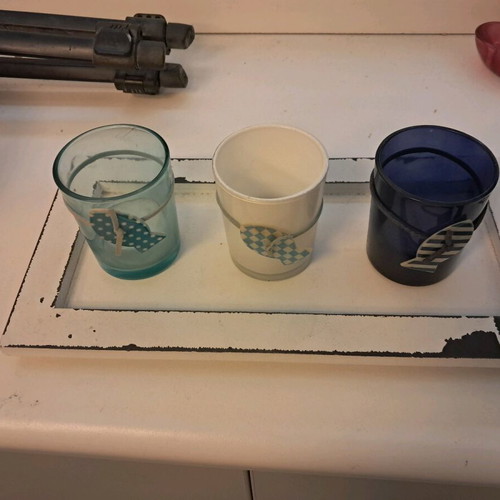 Candle holder 3 tealights used with summer theme, wooden tray, glass cups
