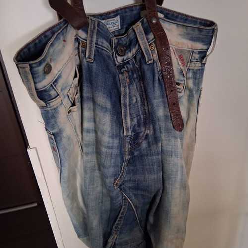 Replay shoulder bag used, blue denim with leather handles
