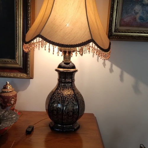 Vintage table lamp with dark blue porcelain base, Decor Exclusif style