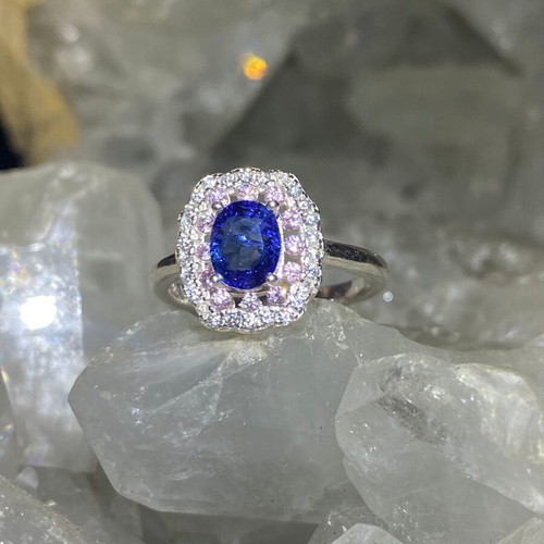 Handmade silver ring with natural blue sapphire, pink quartz & moissanites, size 7