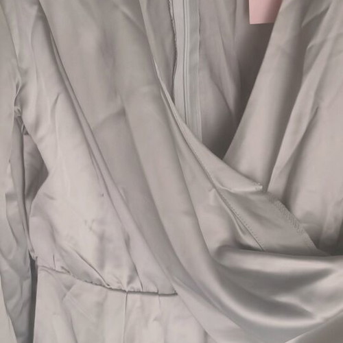 Satin dress short gray-green medium new with open neckline