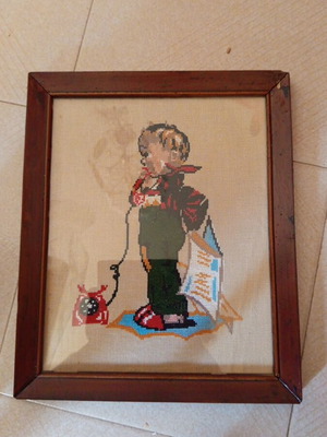 Vintage Handmade Embroidery Picture with Wooden Frame and Glass