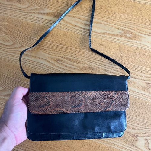 Vintage black python print leather shoulder bag used
