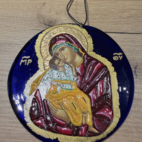 Handmade Greek-Orthodox circular wall icon of Virgin Mary and Christ Child