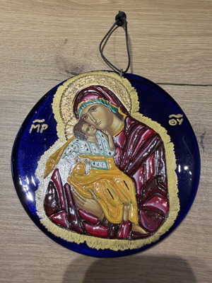 Handmade Greek-Orthodox circular wall icon of Virgin Mary and Christ Child