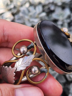 Vintage Handmade Artisan Metal Bangle Bracelet with Black Stone