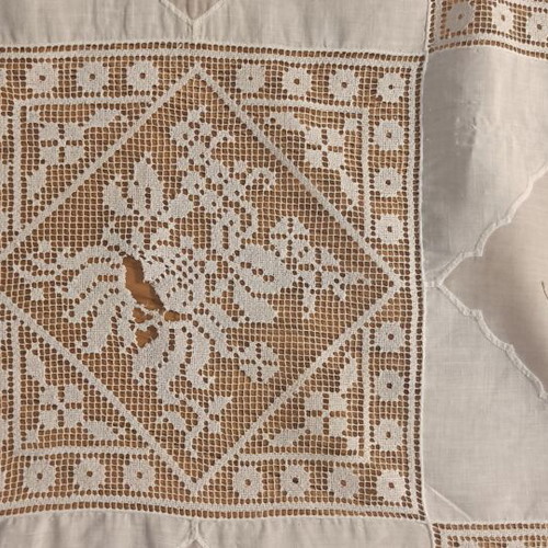 Vintage 1980s embroidered tablecloth used, fabric for upcycling