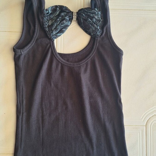 Zic Zac Black Ribbed Top with Lace and Bow, Like New, One Size