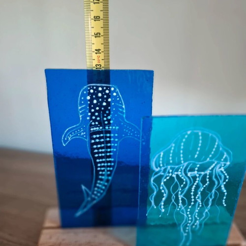 Whale Shark and Jellyfish Glass Suncatcher with Wooden Holder