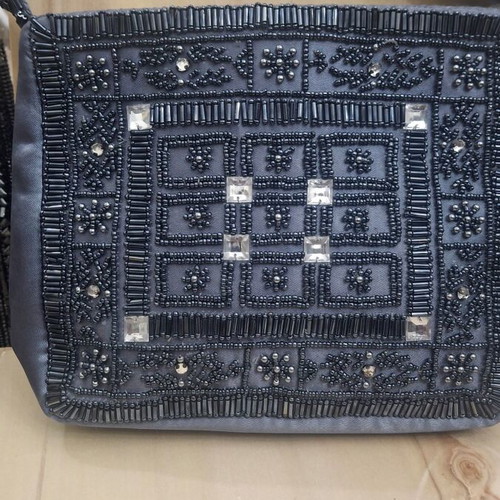 KEM grey satin evening shoulder bag embroidered with beads