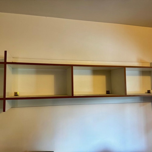 Bedroom wall shelf like new, white with brown details, 212x31x53.5 cm