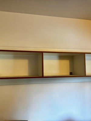 Bedroom wall shelf like new, white with brown details, 212x31x53.5 cm