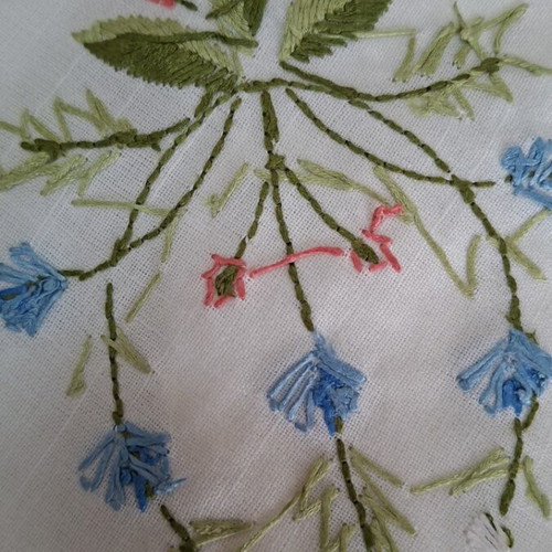 Hand-embroidered white tablecloth with blue flowers 170×220 and 8 napkins new
