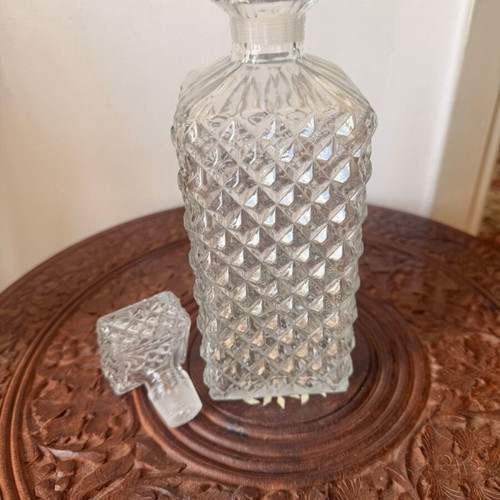Vintage crystal decanter with stopper, mid-century geometric design