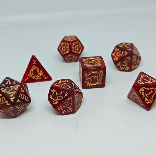 Dragon Scale Crimson & Gold RPG dice set like new