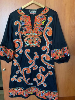 Black cotton dress with colorful embroidery, size S, new