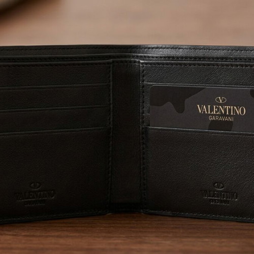 Valentino Garavani men's leather wallet, black with camouflage detail