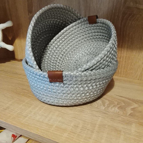 Set of 3 decorative fabric storage baskets with leather details, new