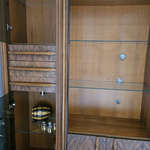 Vintage illuminated walnut display cabinet used, 1960s–70s