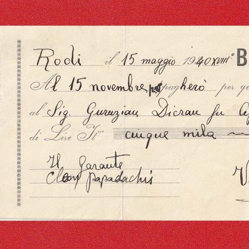 Italian historical bill of exchange used, Rhodes edition May 15 1940 with stamps
