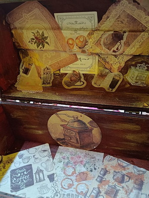 Antique chest like new decorated for coffee and sweets